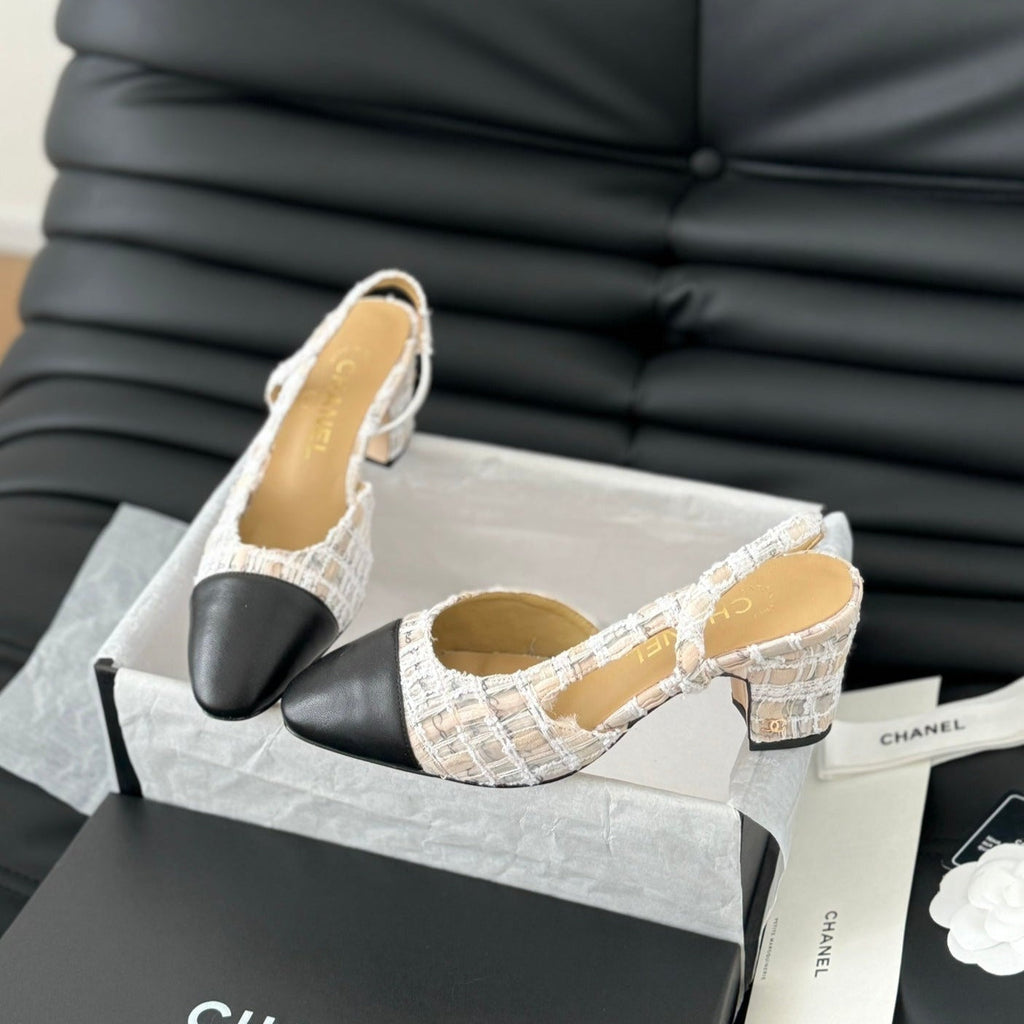 CHANEL HIGH SLINGBACK IN BEIGE TWEED AND BLACK LAMBSKIN