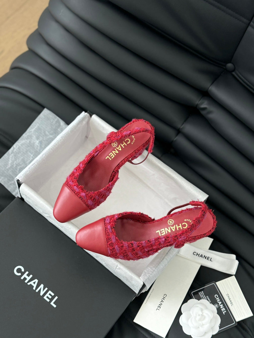 CHANEL HIGH SLINGBACK IN RUBY RED TWEED AND LAMBSKIN