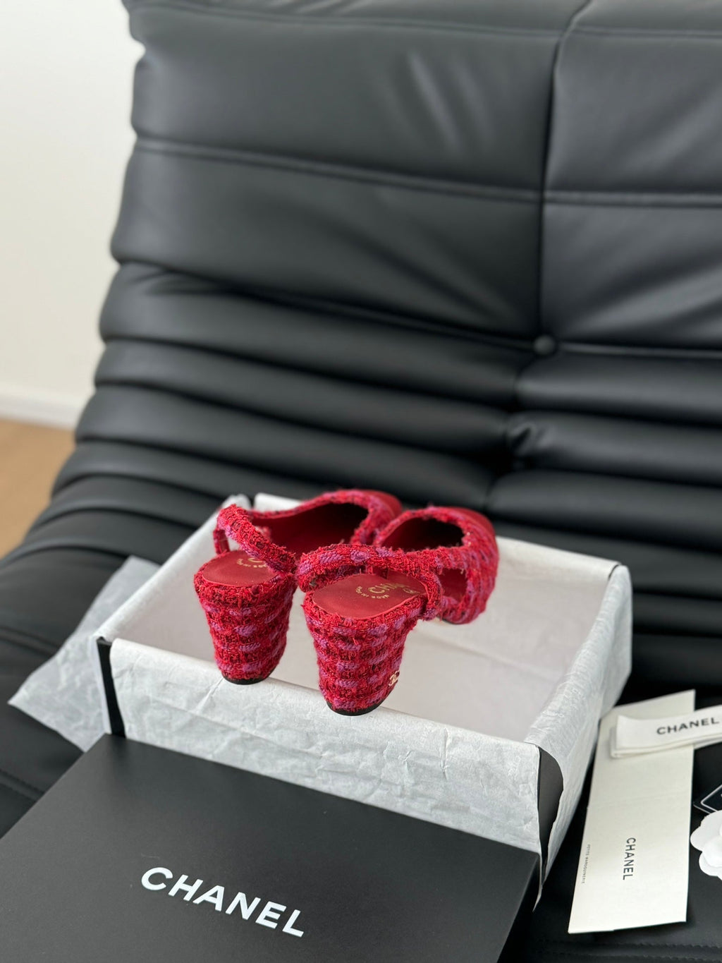 CHANEL HIGH SLINGBACK IN RUBY RED TWEED AND LAMBSKIN