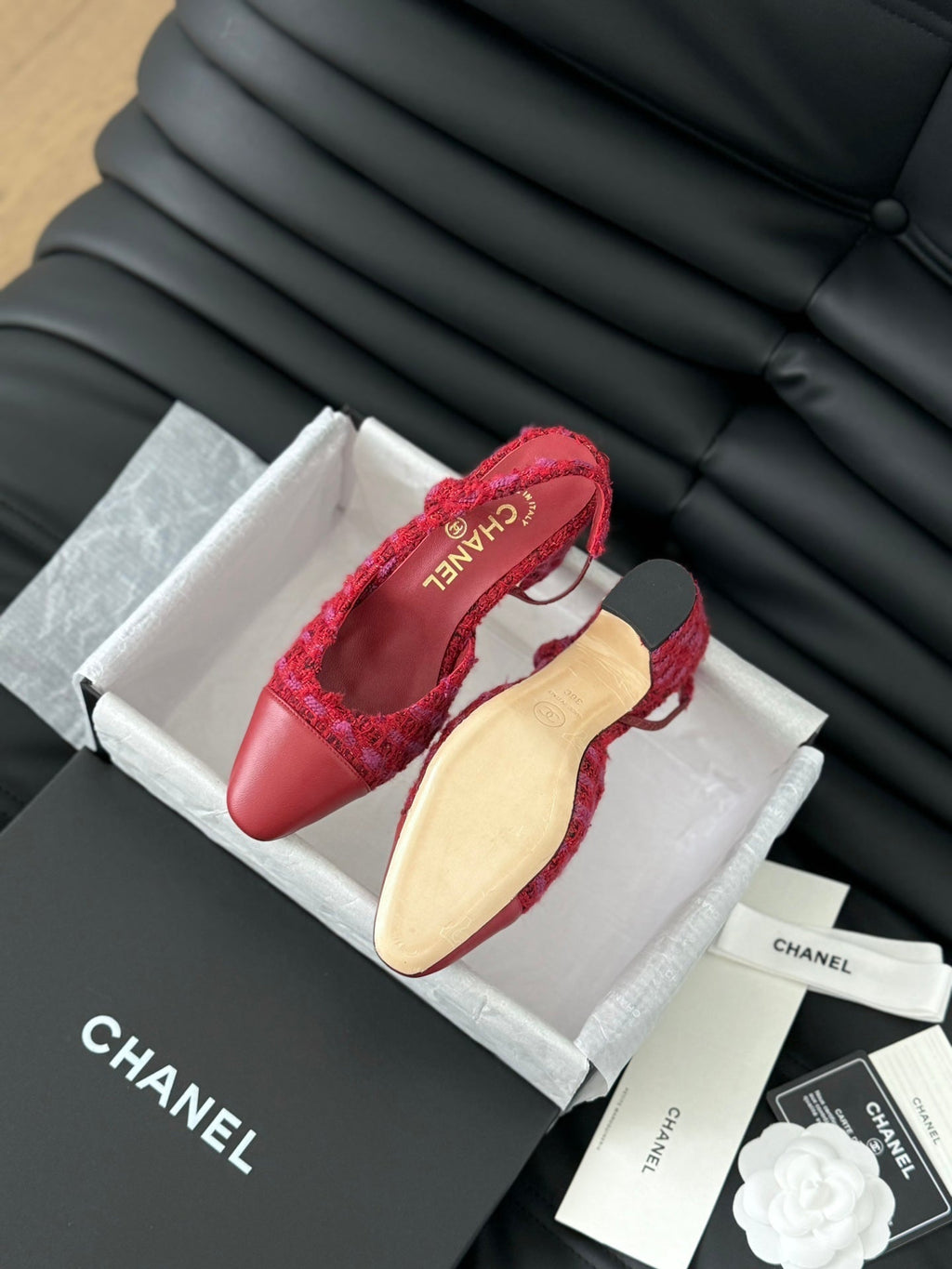 CHANEL HIGH SLINGBACK IN RUBY RED TWEED AND LAMBSKIN