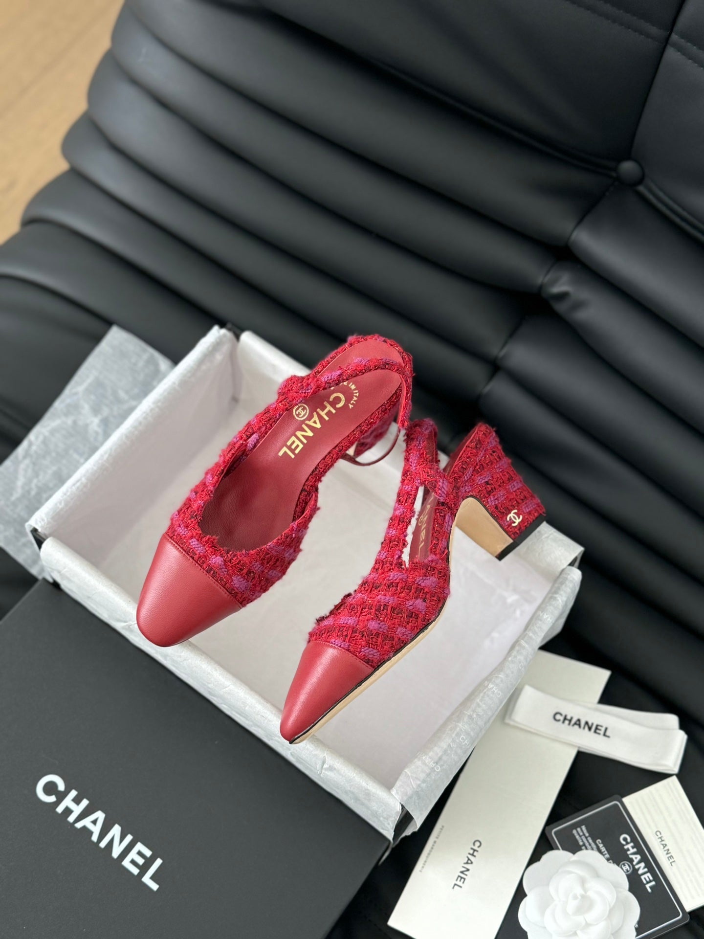 CHANEL HIGH SLINGBACK IN RUBY RED TWEED AND LAMBSKIN