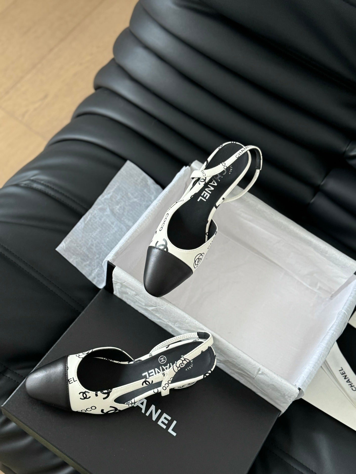 CHANEL HIGH SLINGBACK IN WHITE MIX BLACK LAMBSKIN