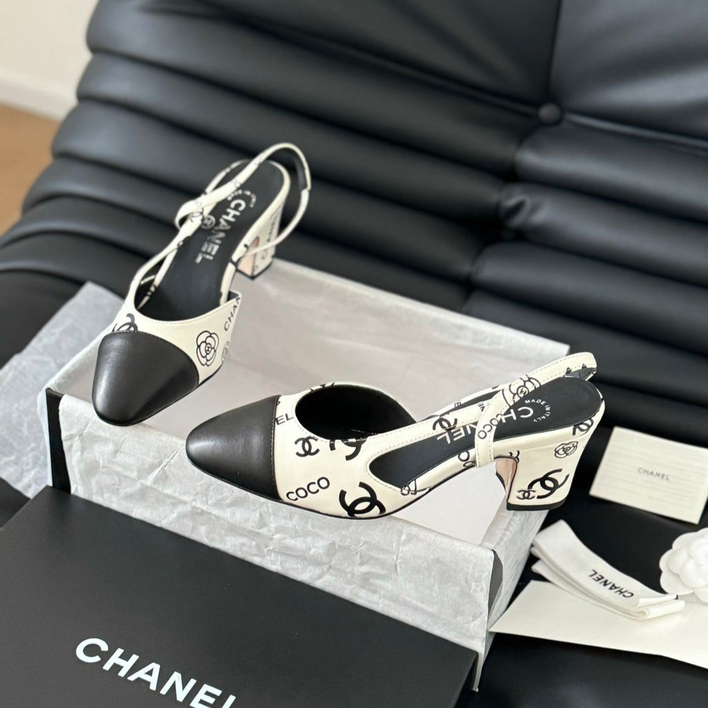 CHANEL HIGH SLINGBACK IN WHITE MIX BLACK LAMBSKIN
