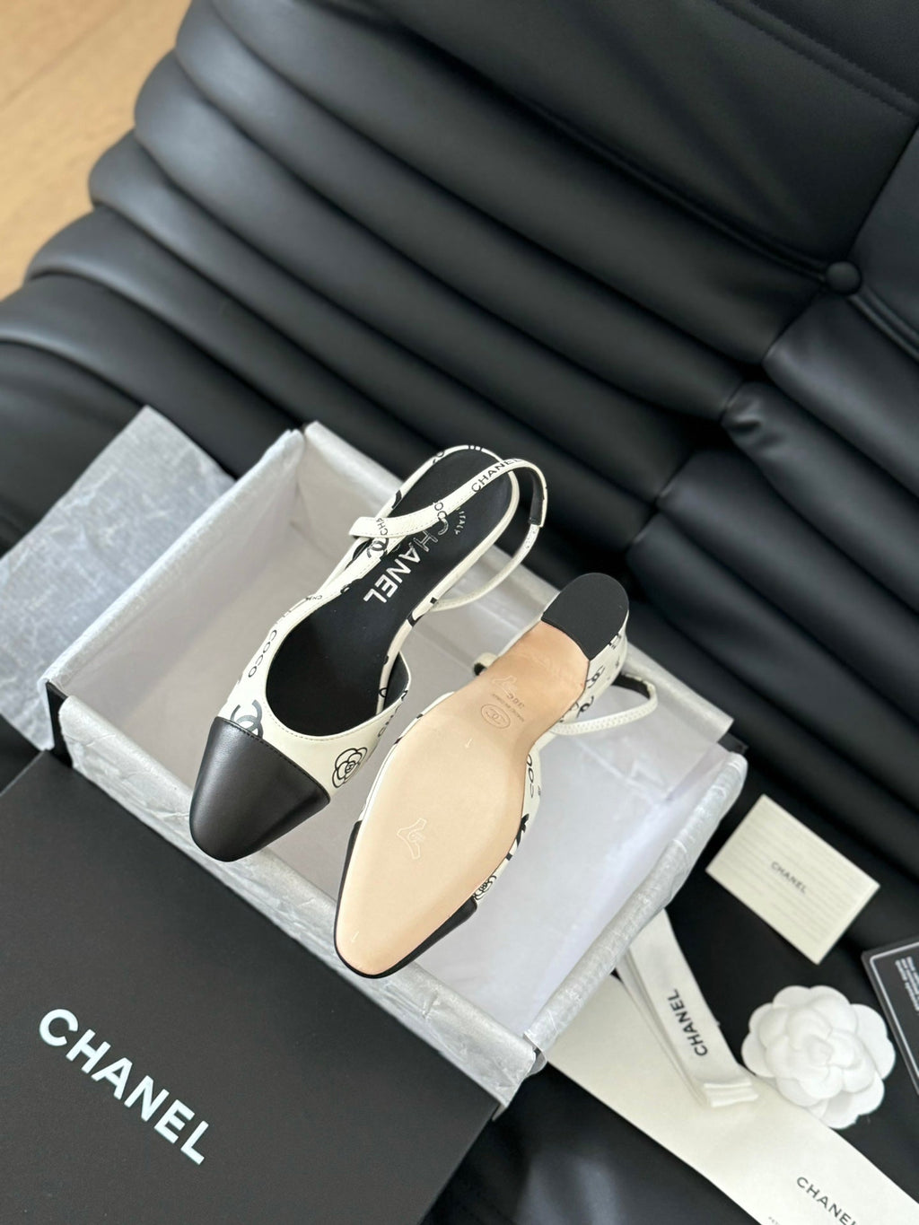 CHANEL HIGH SLINGBACK IN WHITE MIX BLACK LAMBSKIN