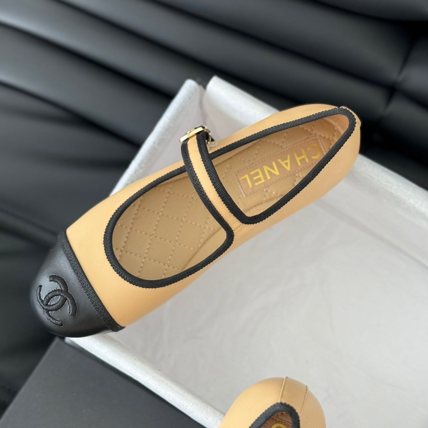 CHANEL Double C Marry Jane Shoes Yellow Cream Lambskin