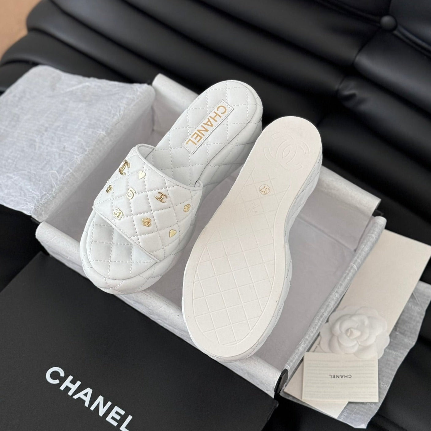 CHANEL Thick Sole Slope Heel Weddge Lambskin White