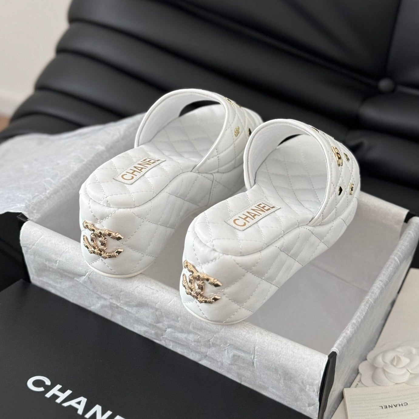 CHANEL Thick Sole Slope Heel Weddge Lambskin White