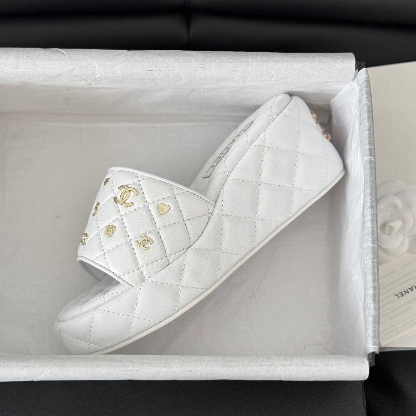 CHANEL Thick Sole Slope Heel Weddge Lambskin White