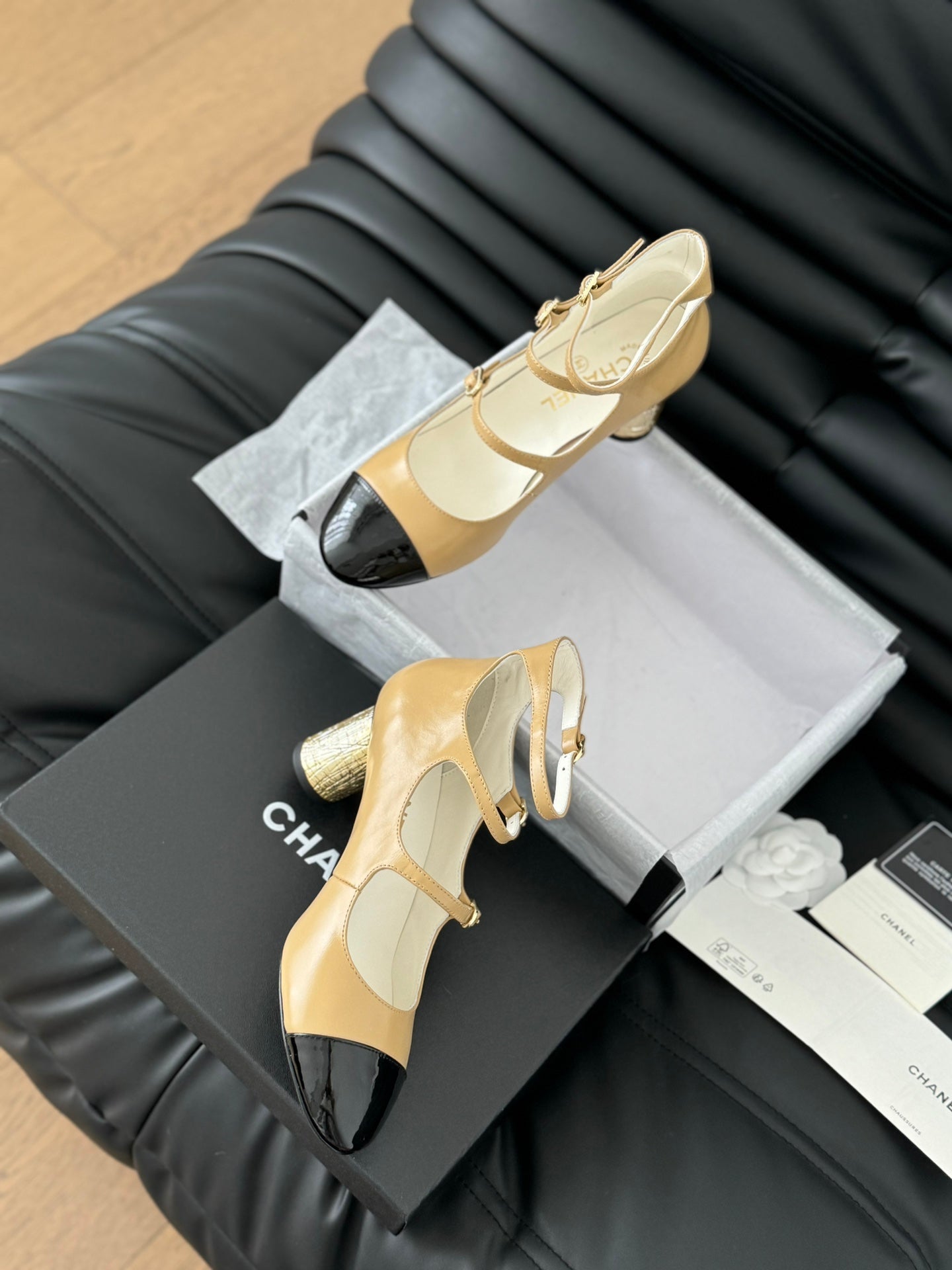 CHANEL MARY JANE SHOES THREE STRAPS IN SEPIA BEIGE MIX BLACK LAMBSKIN