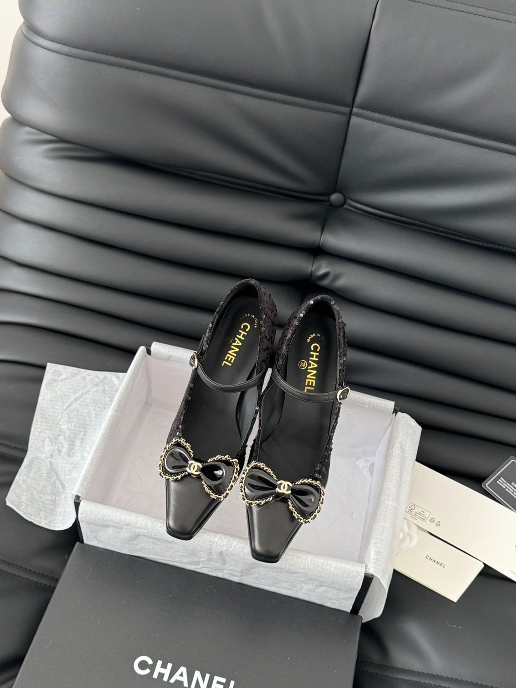 CHANEL POINTED TOE HIGH HEELS IN BLACK VELVET AND LAMBSKIN GOLD HARDWARE