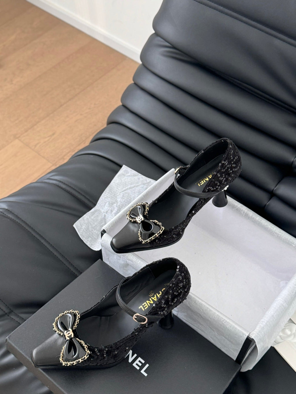 CHANEL POINTED TOE HIGH HEELS IN BLACK VELVET AND LAMBSKIN GOLD HARDWARE