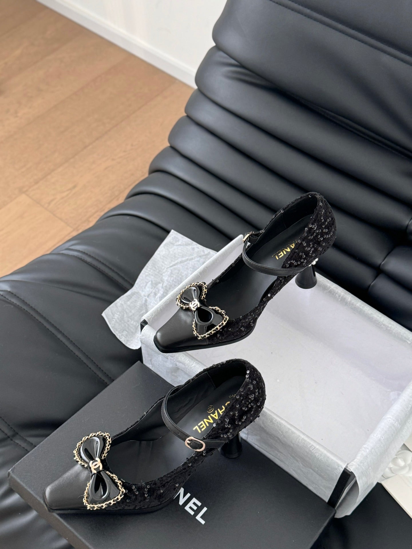 CHANEL POINTED TOE HIGH HEELS IN BLACK VELVET AND LAMBSKIN GOLD HARDWARE