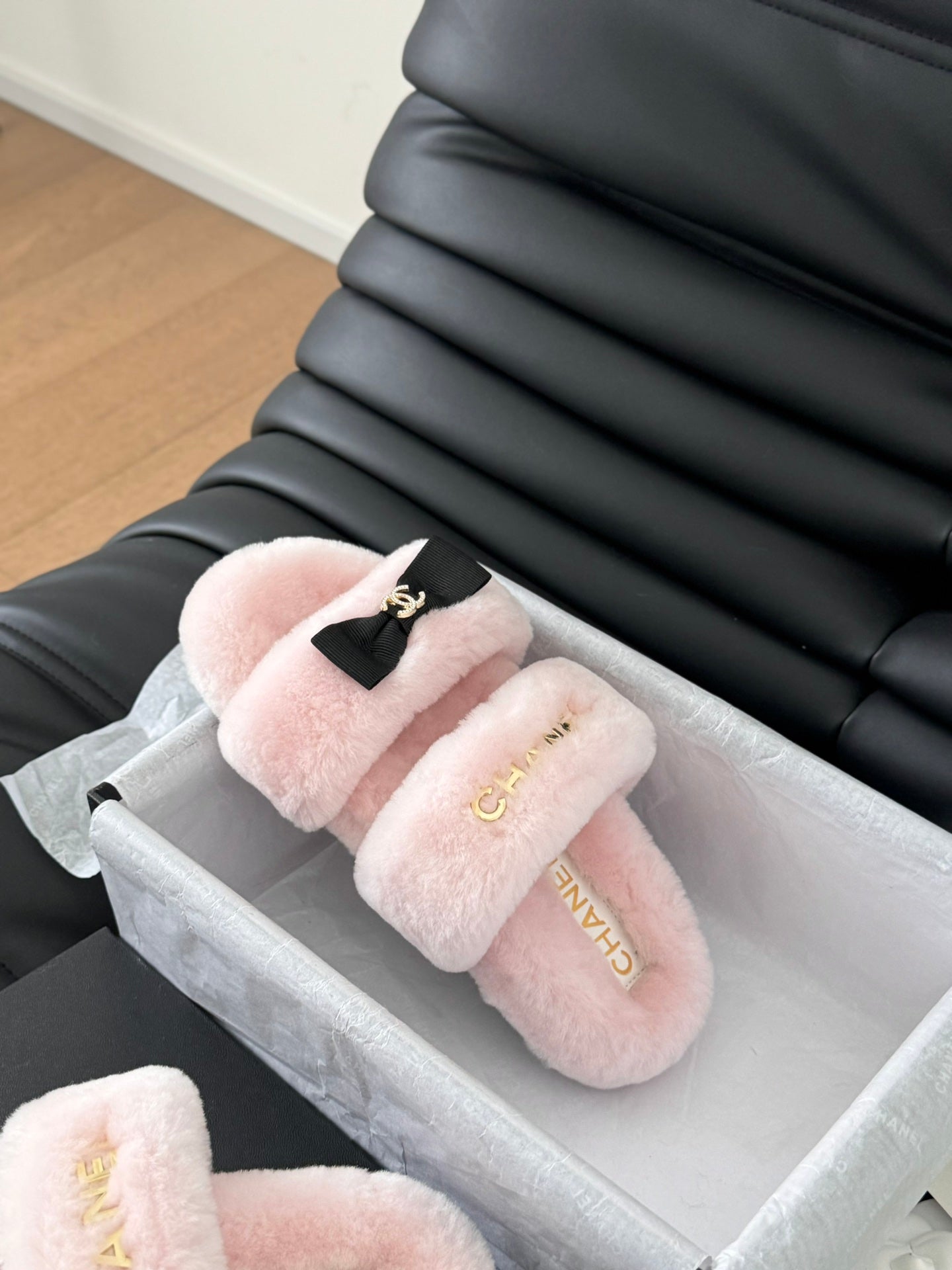 CHANEL DAD SANDAL MULE IN PASTEL PINK FLEECE WITH GOLD HARDWARE