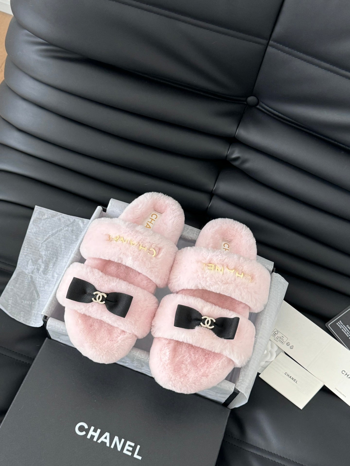 CHANEL DAD SANDAL MULE IN PASTEL PINK FLEECE WITH GOLD HARDWARE