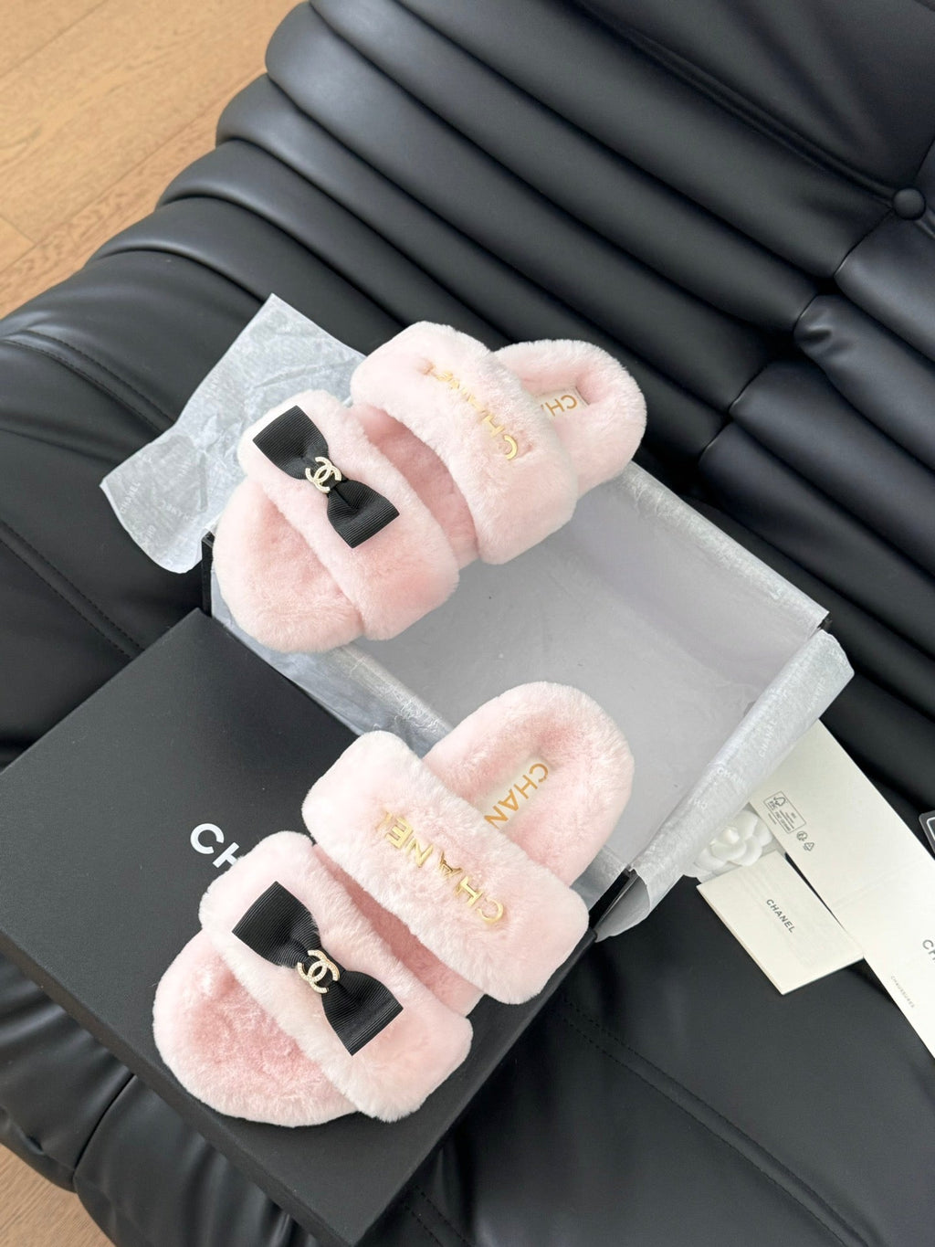 CHANEL DAD SANDAL MULE IN PASTEL PINK FLEECE WITH GOLD HARDWARE