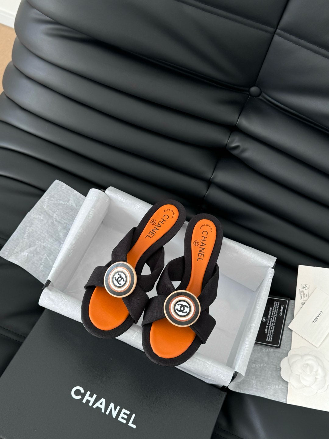 CHANEL BLACK FABRIC  SLIDE SANDALS