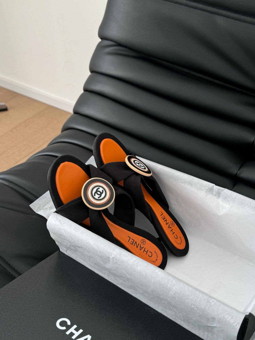 CHANEL BLACK FABRIC  SLIDE SANDALS