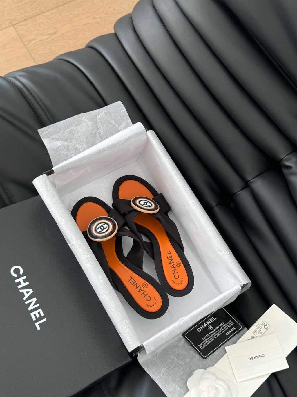 CHANEL BLACK FABRIC  SLIDE SANDALS