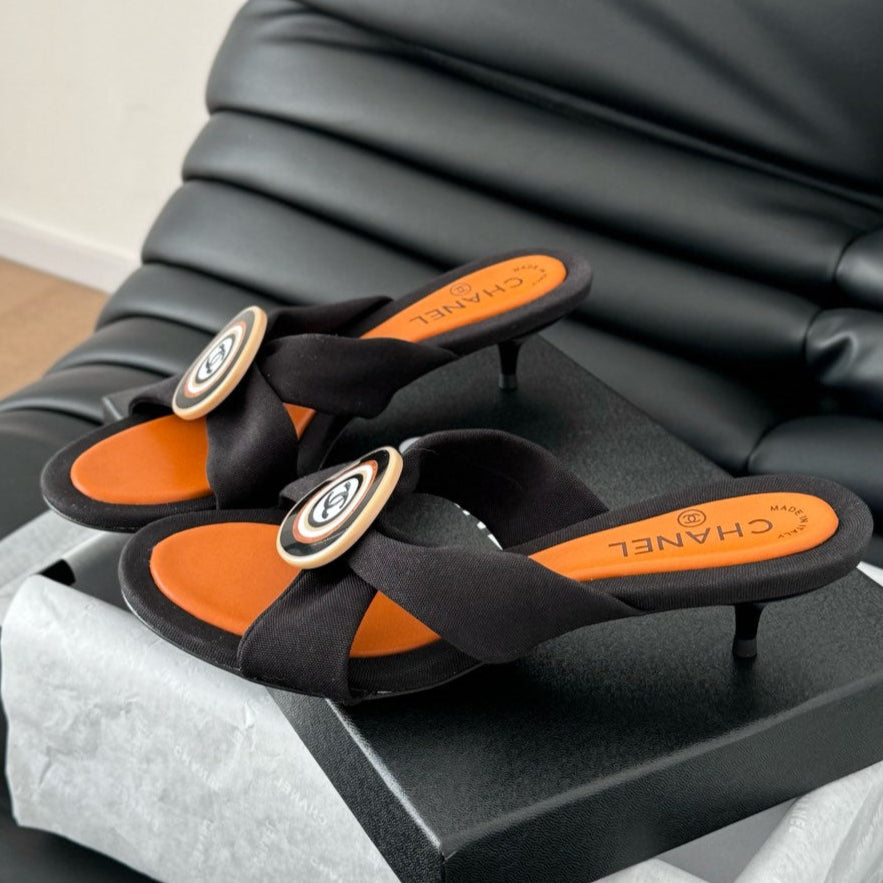 CHANEL BLACK FABRIC  SLIDE SANDALS