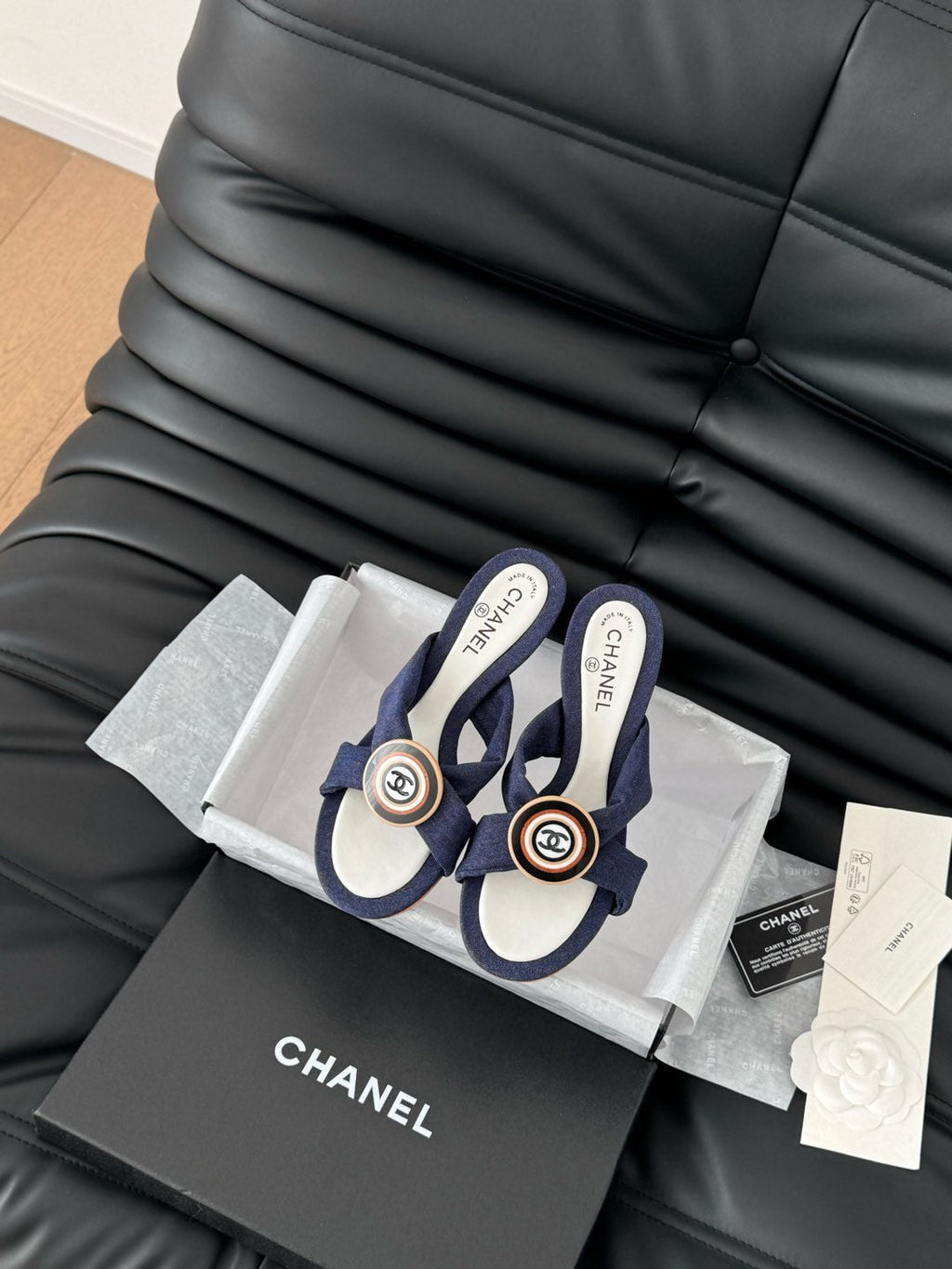 CHANEL NAVY BLUE FABRIC  SLIDE SANDALS