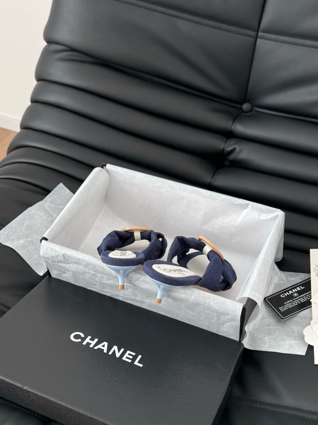 CHANEL NAVY BLUE FABRIC  SLIDE SANDALS