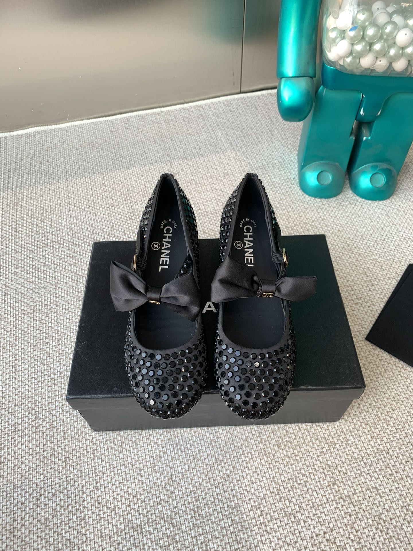 CHANEL MARY JANES SHOES IN BLACK SATIN WITH RHINESTONES