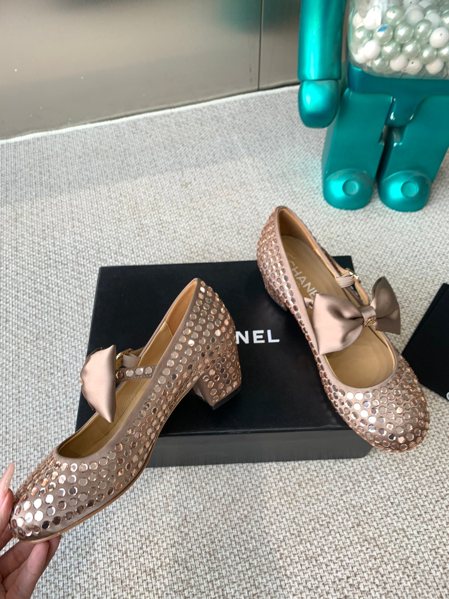 CHANEL MARY JANES SHOES IN COPPER SATIN WITH RHINESTONES