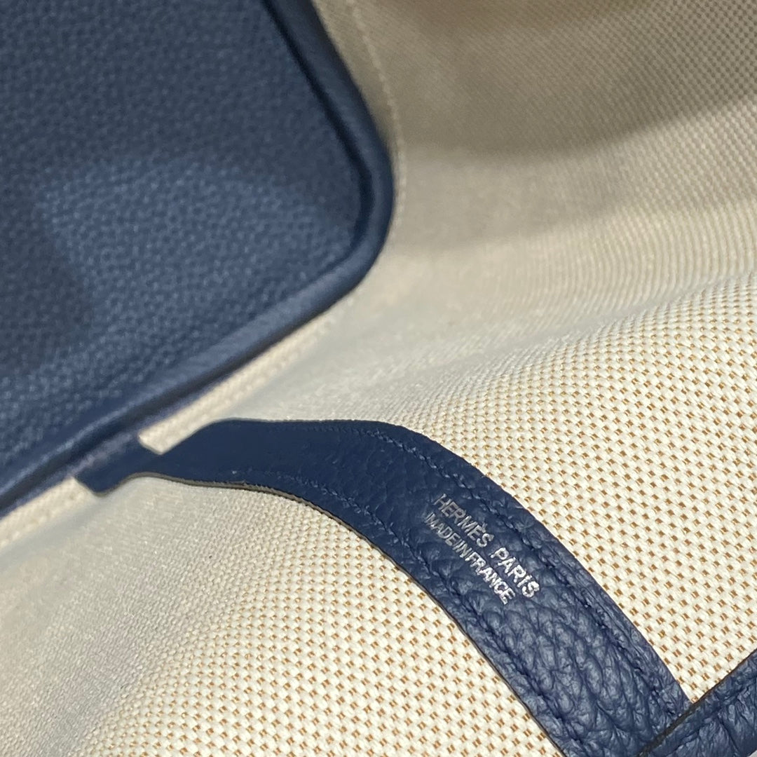 HERMES GARDEN PARTY 36 IN NAVY CREAM TOILE H CANVAS BLUE MARINE CALFSKIN ABSTRACT BEAR FACE PRINT