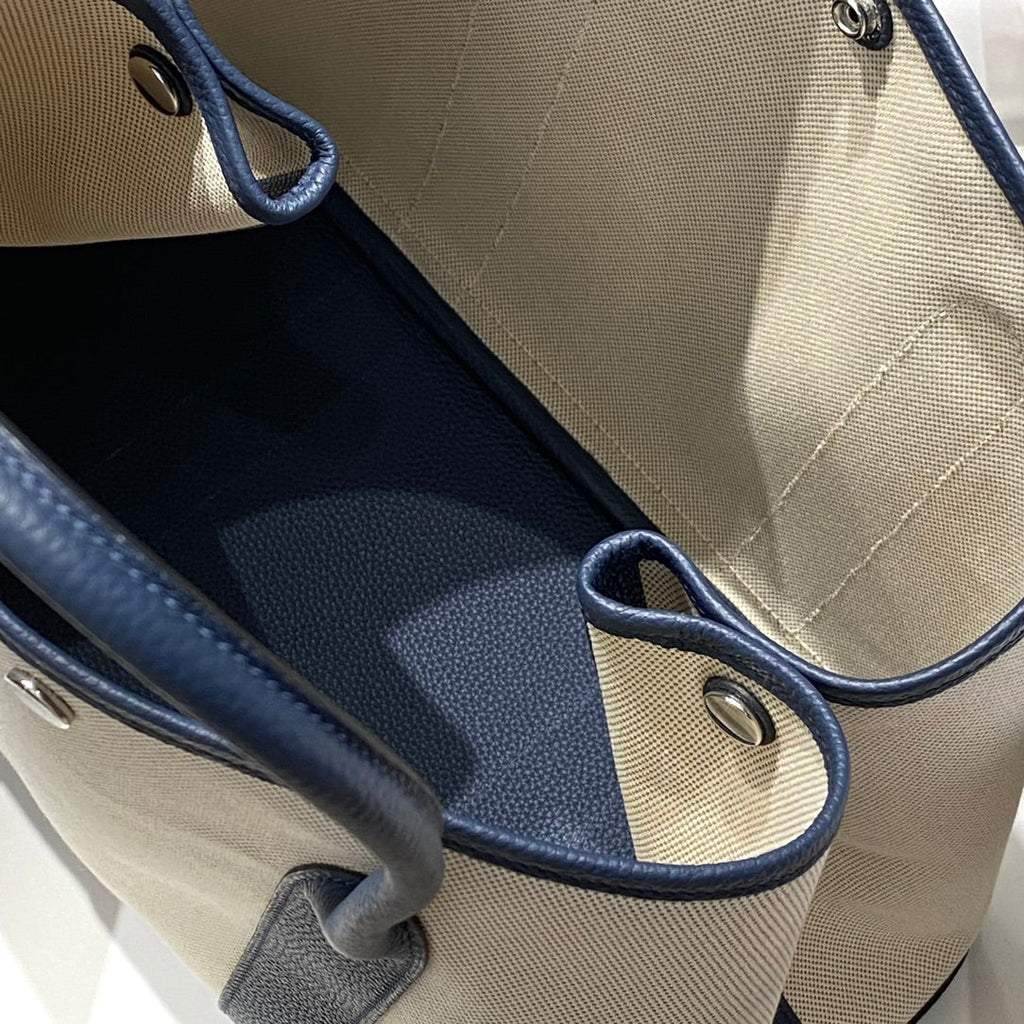 HERMES GARDEN PARTY 36 IN NAVY CREAM TOILE H CANVAS BLUE MARINE CALFSKIN ABSTRACT BEAR FACE PRINT