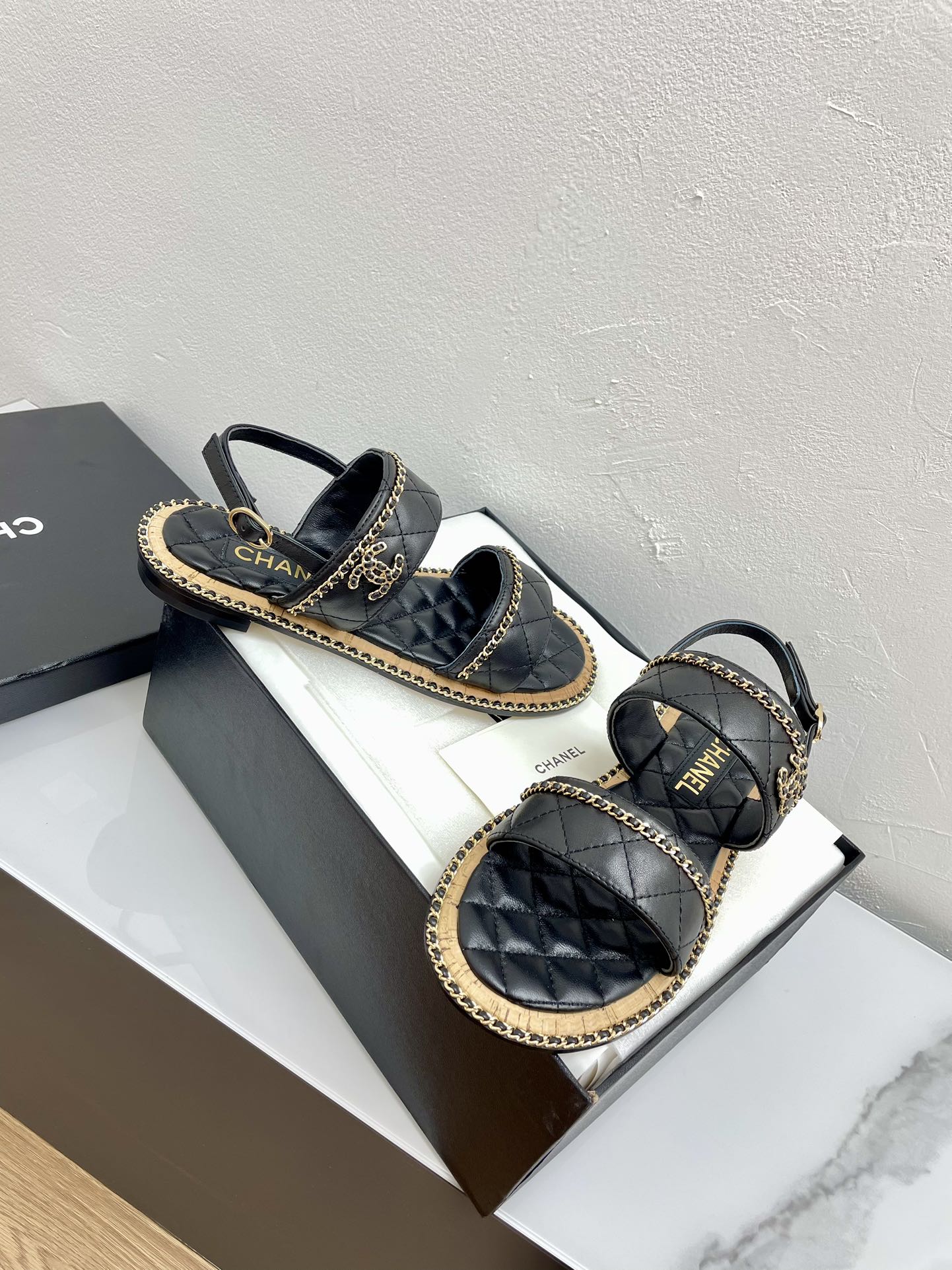 CHANEL DOUBLE STRAPS SANDALS IN BLACK LAMBSKIN