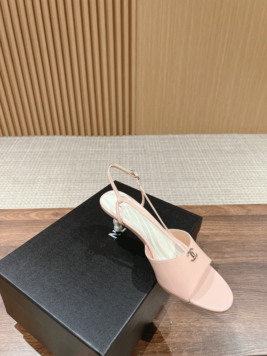CHANEL high heel 70 sandals pink white patent calfskin