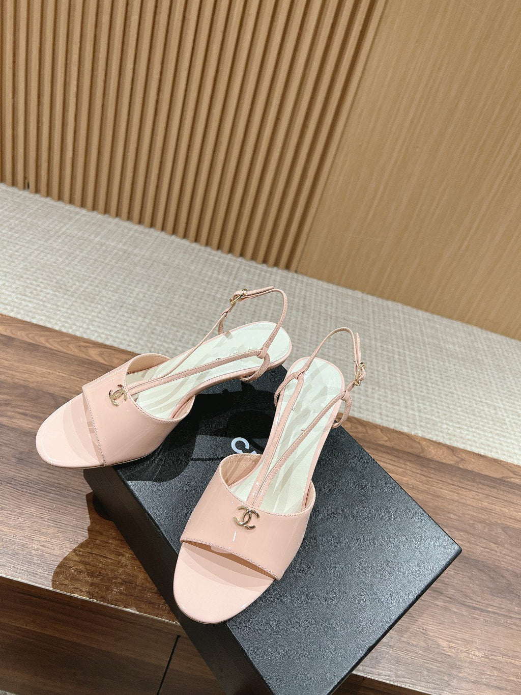 CHANEL high heel 70 sandals pink white patent calfskin