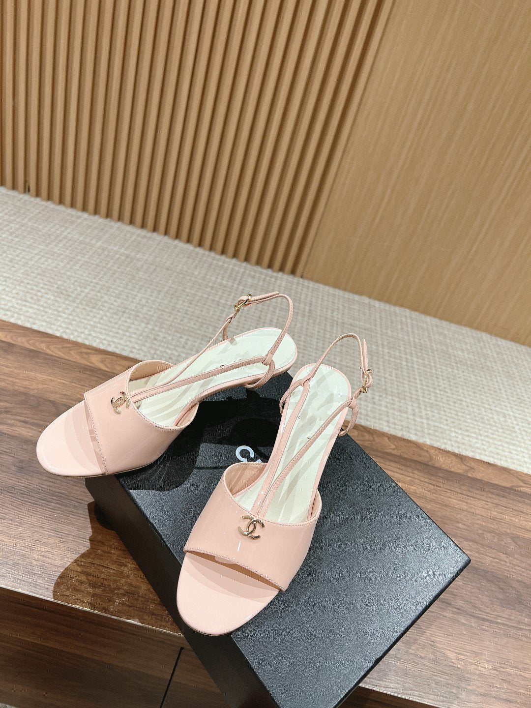 CHANEL high heel 70 sandals pink white patent calfskin