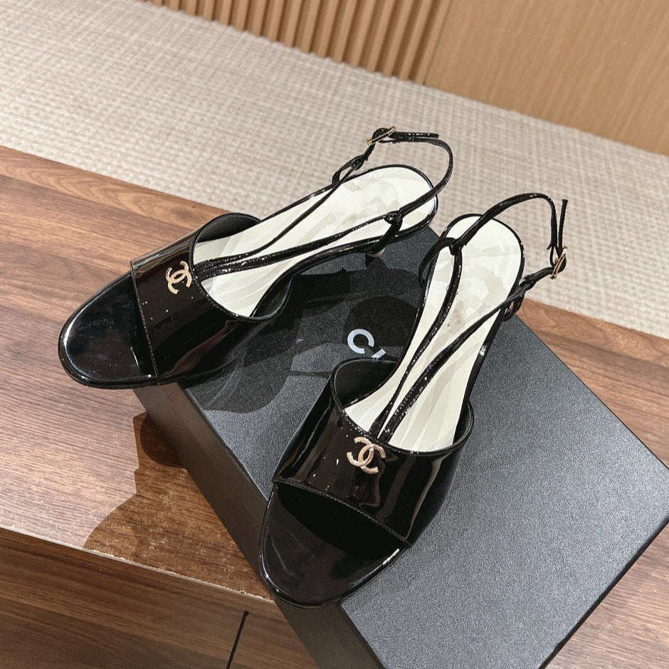 CHANEL high heel 70 sandals black white patent calfskin