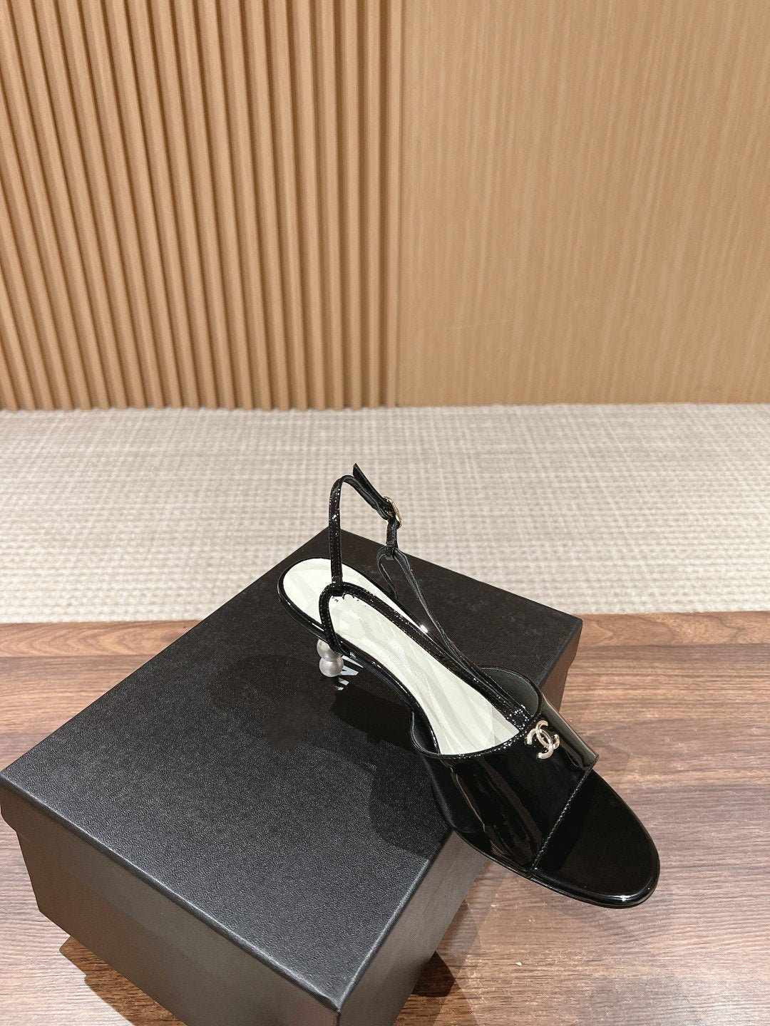 CHANEL high heel 70 sandals black white patent calfskin