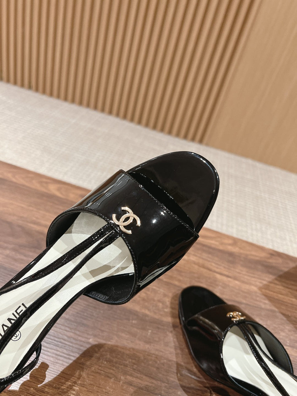 CHANEL high heel 70 sandals black white patent calfskin