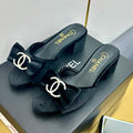 CHANEL BOWKNOT RHINESTONES MID HEEL MULE IN BLACK VELVET