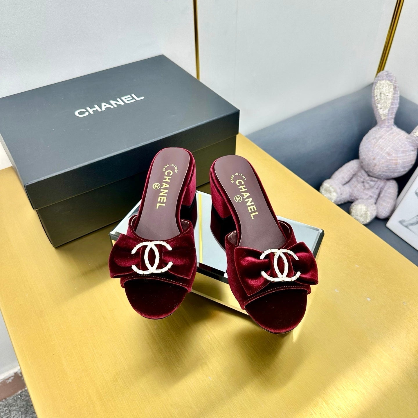 CHANEL BOWKNOT RHINESTONES MID HEEL MULE IN GARNET RED VELVET