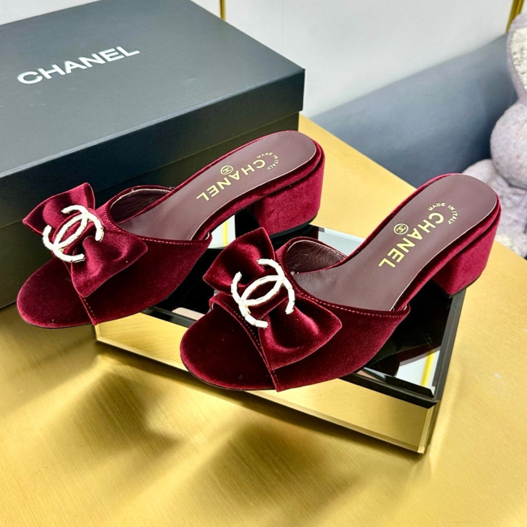 CHANEL BOWKNOT RHINESTONES MID HEEL MULE IN GARNET RED VELVET