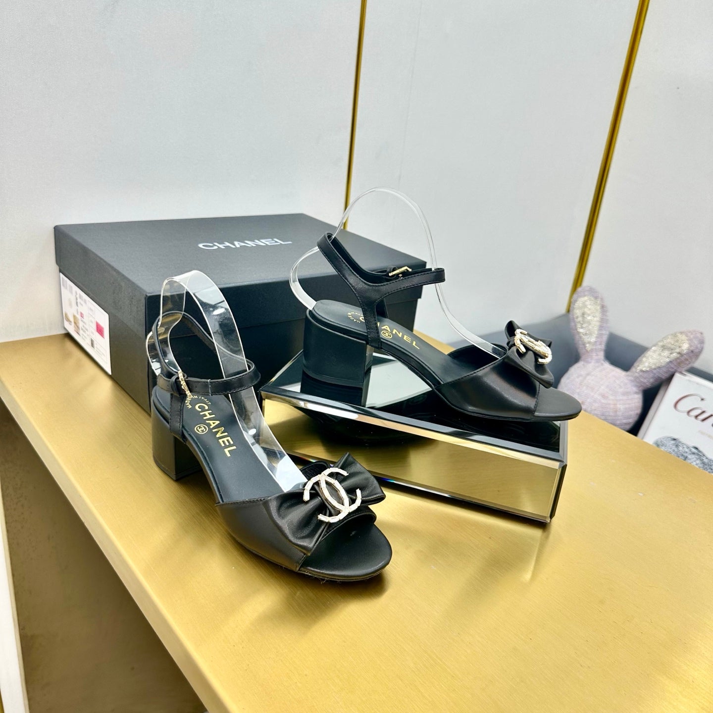 CHANEL BOWKNOT RHINESTONES MID HEEL SANDAL IN BLACK CALFSKIN