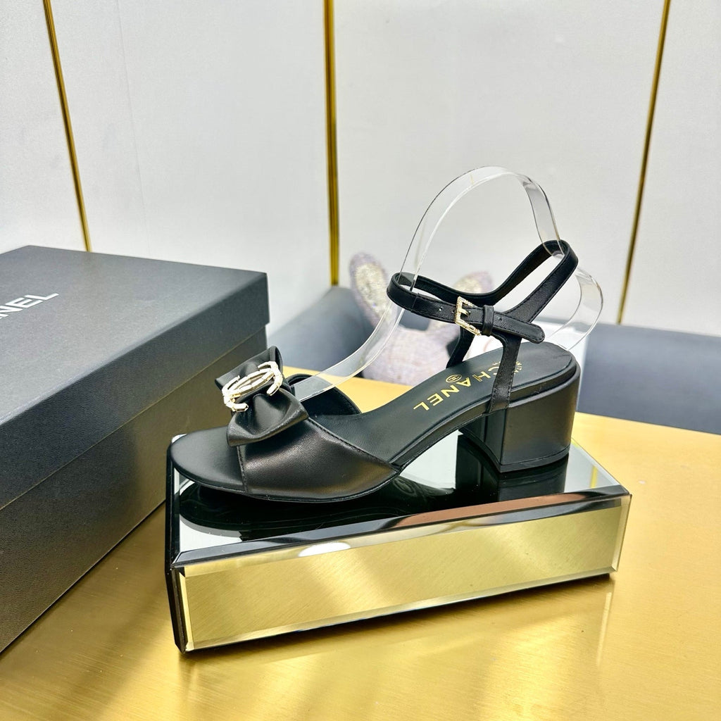 CHANEL BOWKNOT RHINESTONES MID HEEL SANDAL IN BLACK CALFSKIN