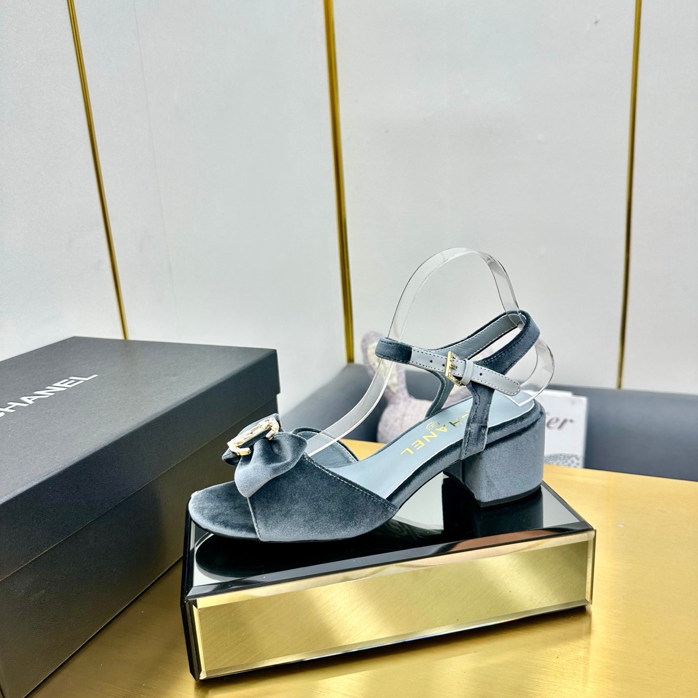 CHANEL BOWKNOT RHINESTONES MID HEEL SANDAL IN STONE BLUE VELVET