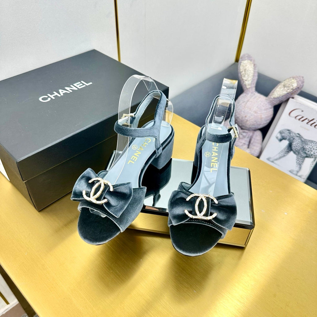 CHANEL BOWKNOT RHINESTONES MID HEEL SANDAL IN STONE BLUE VELVET