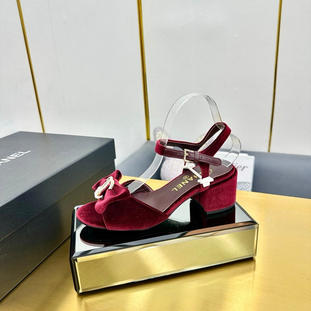 CHANEL BOWKNOT RHINESTONES MID HEEL SANDAL IN GARNET RED VELVET