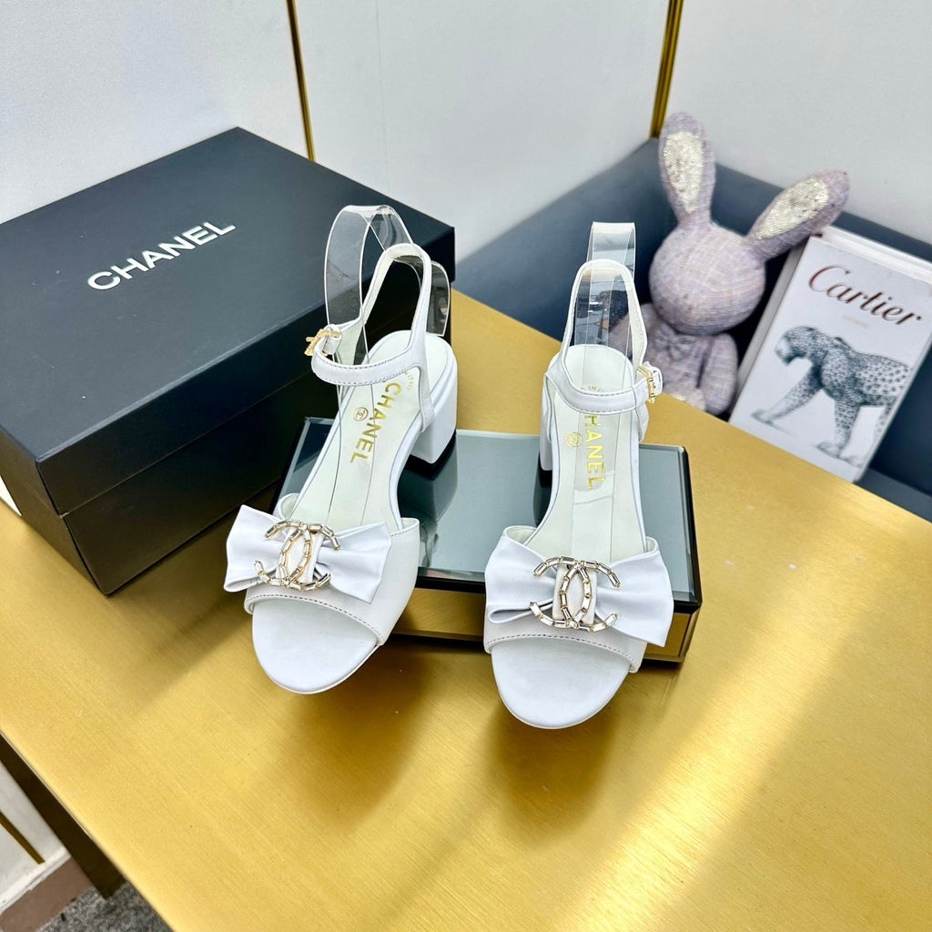 CHANEL BOWKNOT RHINESTONES MID HEEL SANDAL IN WHITE LAMBSKIN