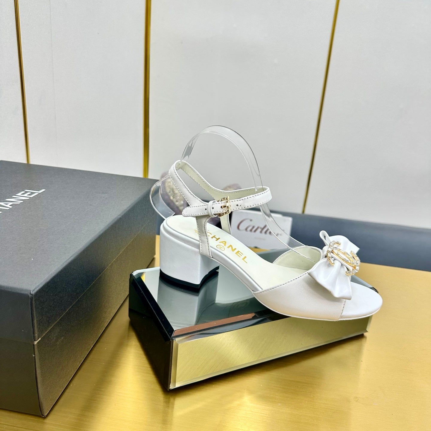 CHANEL BOWKNOT RHINESTONES MID HEEL SANDAL IN WHITE LAMBSKIN