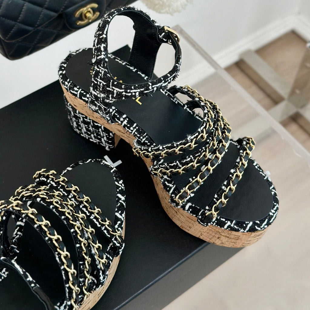 CHANEL Double C Wooden Chain Platform Block Heel Sandals White Caro/ Black