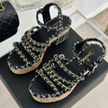 CHANEL Double C Wooden Chain Platform Block Heel Sandals White Caro/ Black