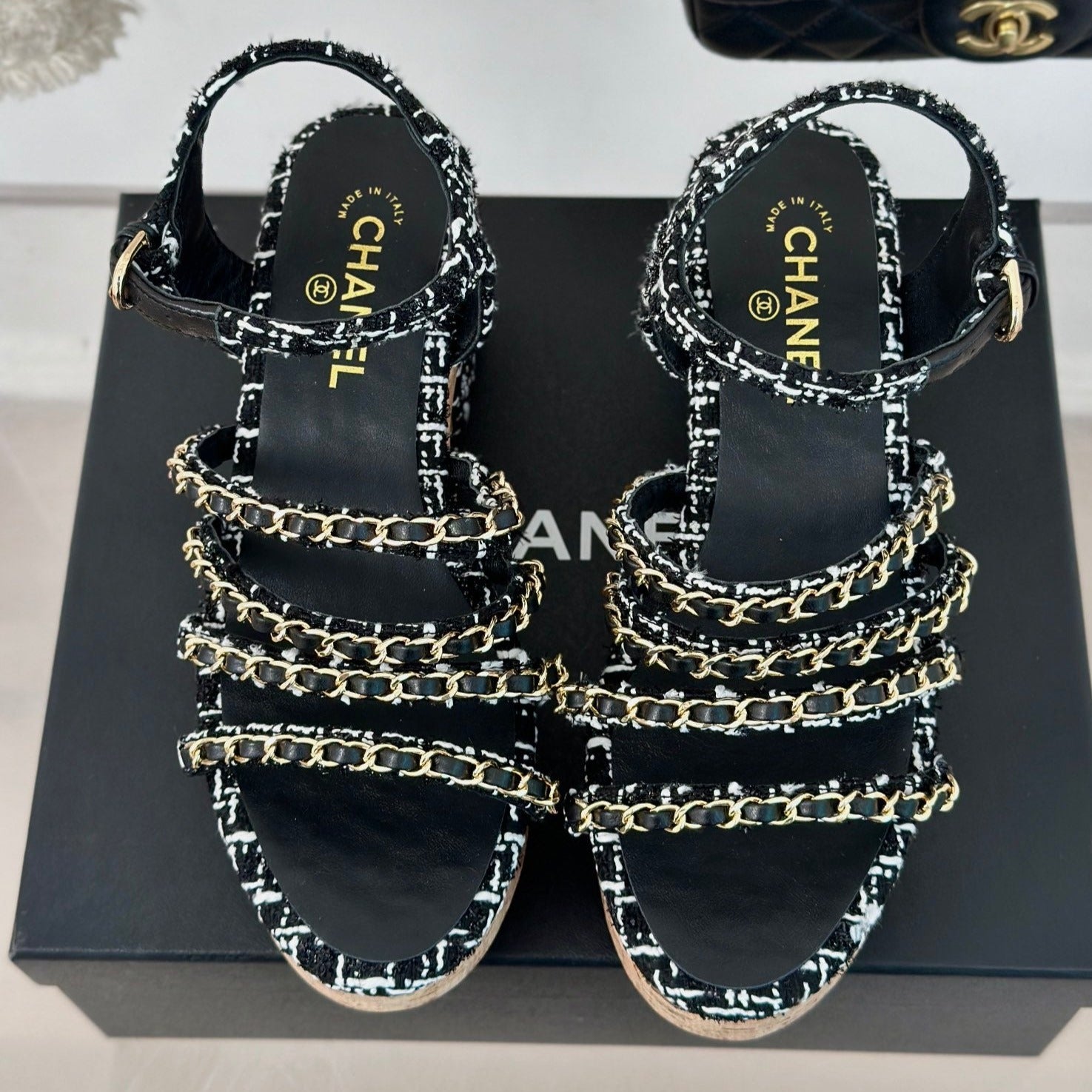 CHANEL Double C Wooden Chain Platform Block Heel Sandals White Caro/ Black