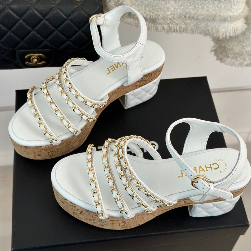 CHANEL Double C Wooden Chain Platform Block Heel Sandals White